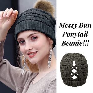 Dark Gray Knit Criss Cross Ponytail Pom Pom Beanie with Mask Buttons